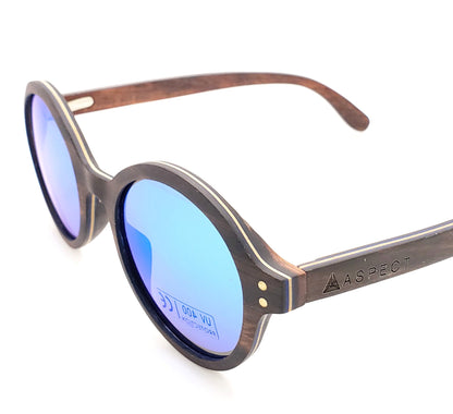 Aspect Sunglasses- All Wood, Hand Made - Walnut,, Round, Mirror